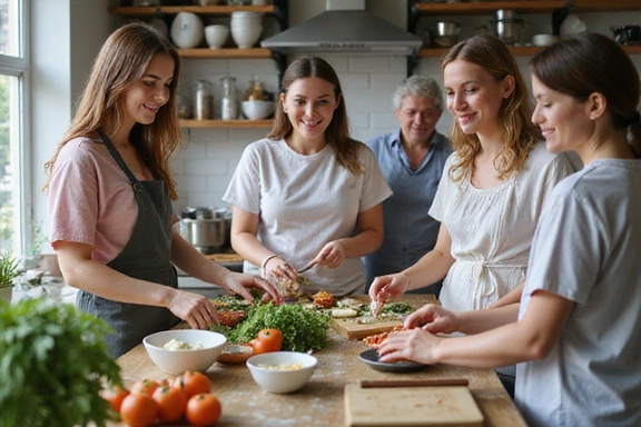 Un gruppo di persone sorridenti che partecipano a una lezione di cucina sana, con un nutrizionista che spiega le proprietà degli ingredienti.