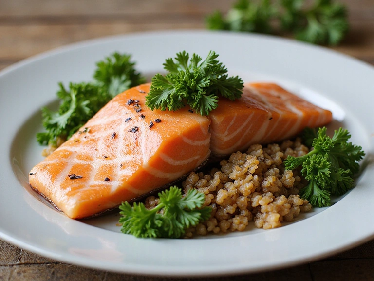 Un piatto sano e bilanciato con salmone, quinoa e verdure fresche, disposto artisticamente.